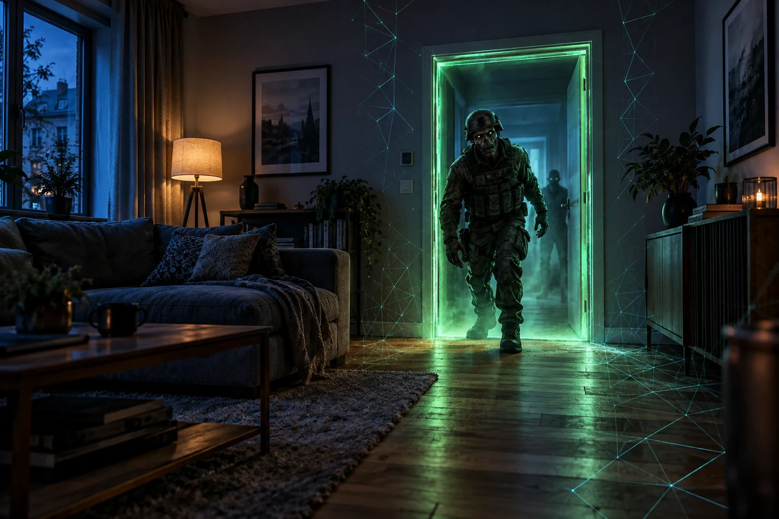 Konzept: Ein Zombie kommt durch ein Portal in ein Wohnzimmer.