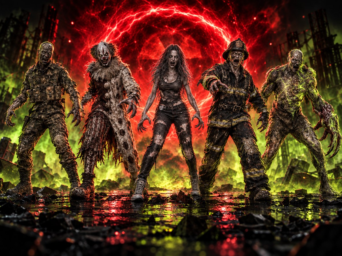 Illustration der fünf Figuren des Strahlenzombie-Sets
